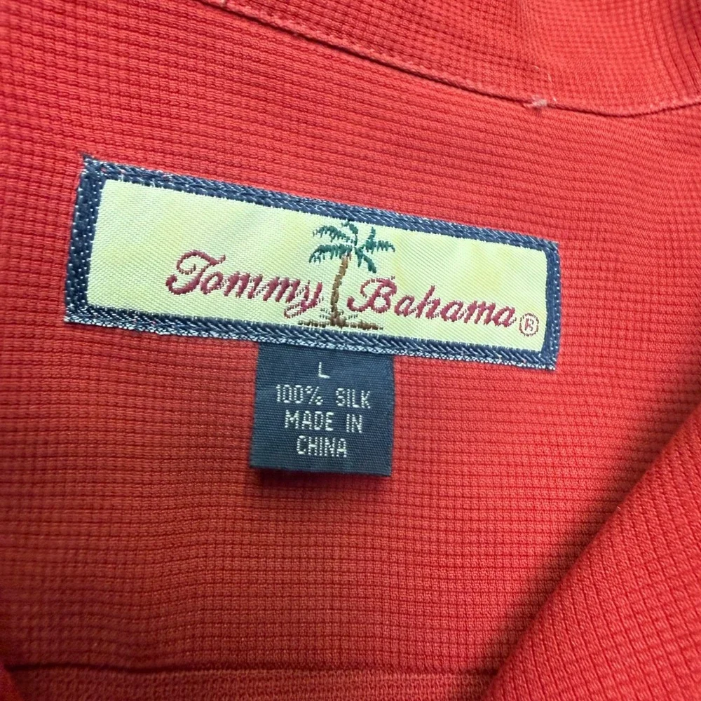 Tommy Bahama‎ Button Up Shirt Mens L Red Silk Paradise Open Golf Embroidered